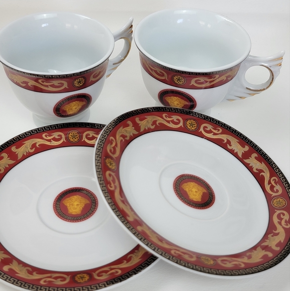 2 Versace Medusa Winged Teacup/Saucer Sets (Rosenthal) Greek Key - Picture 6 of 9
